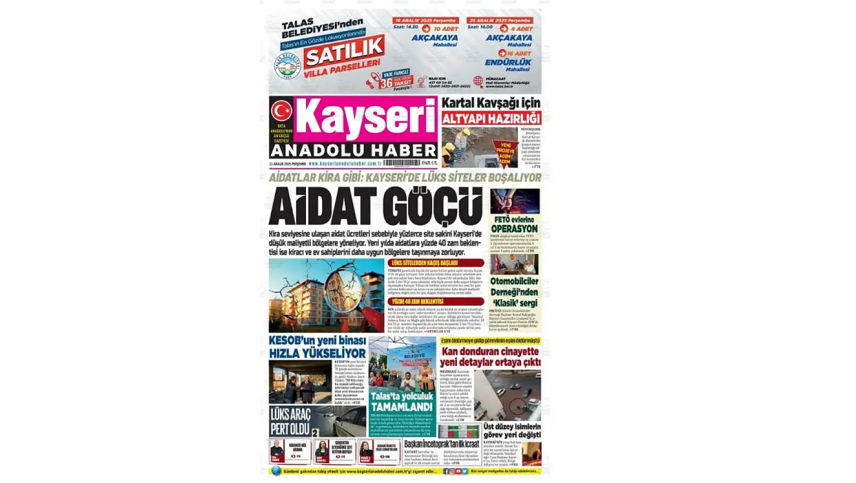 İşte Kayseri Gazetelerinde 11 Aralık Perşembe gündemi…