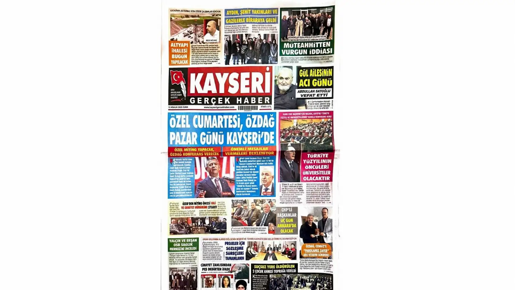 Kayseri gazetelerinde 12 Aralık Cuma günü hangi başlıklar gündem oldu?