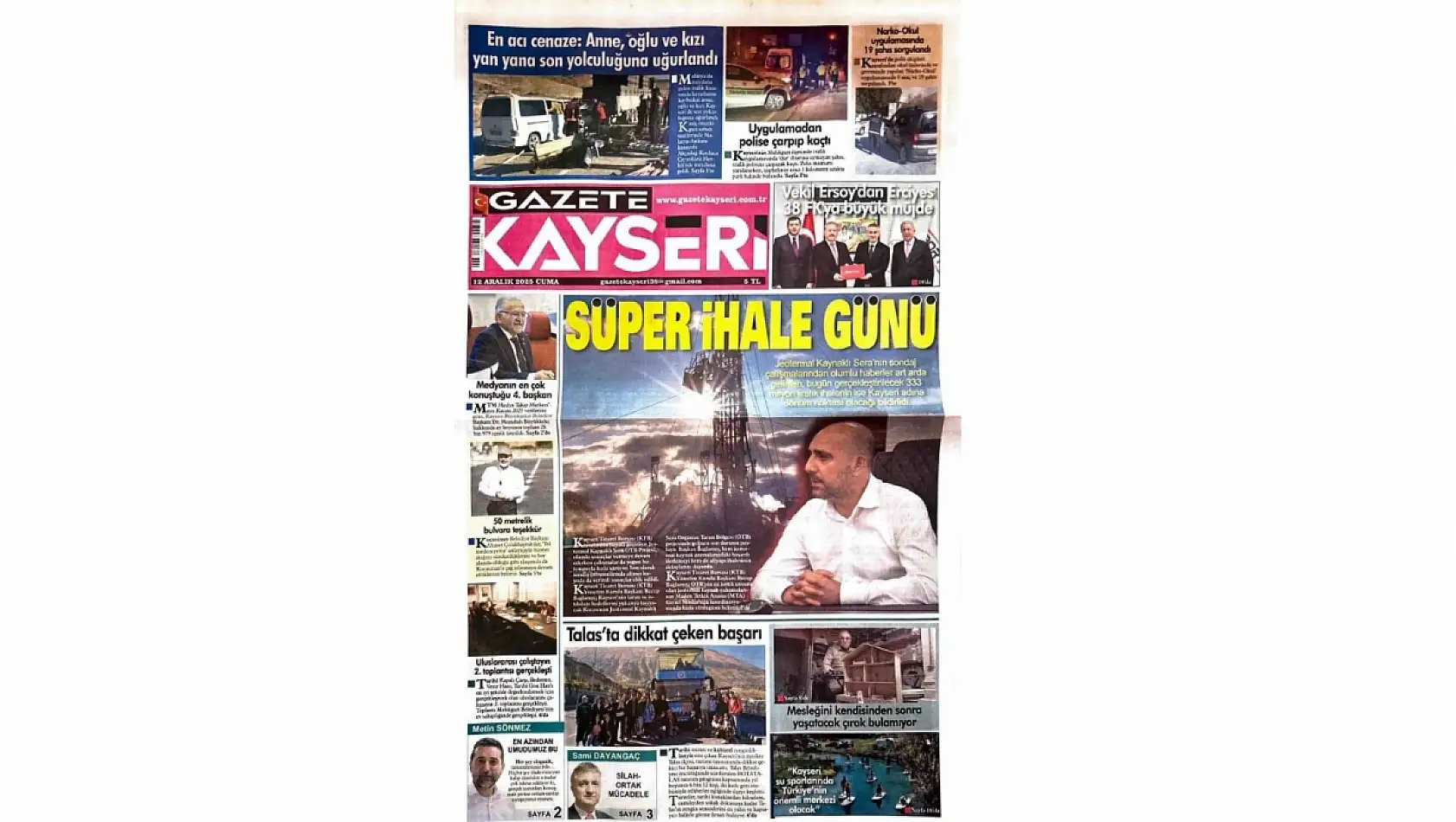 Kayseri gazetelerinde 12 Aralık Cuma günü hangi başlıklar gündem oldu?