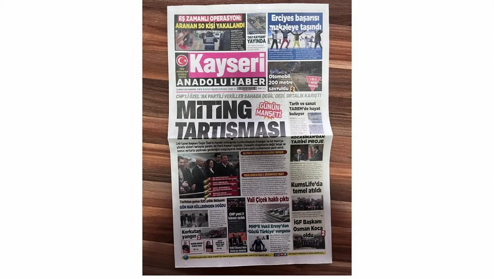 Kayseri yerel gazetelerinde 15 Aralık 2025 tarihli öne çıkan manşetler!