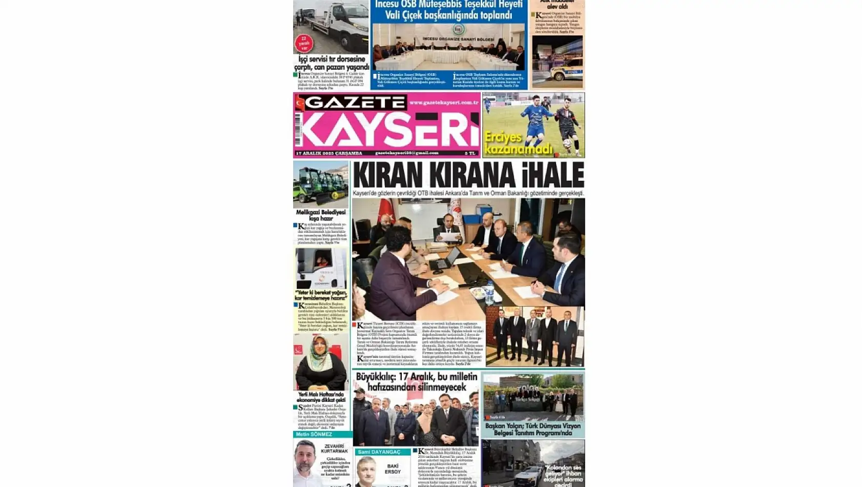 Kayseri gazetelerinde 17 Aralık'ta hangi başlıklar gündem oldu?