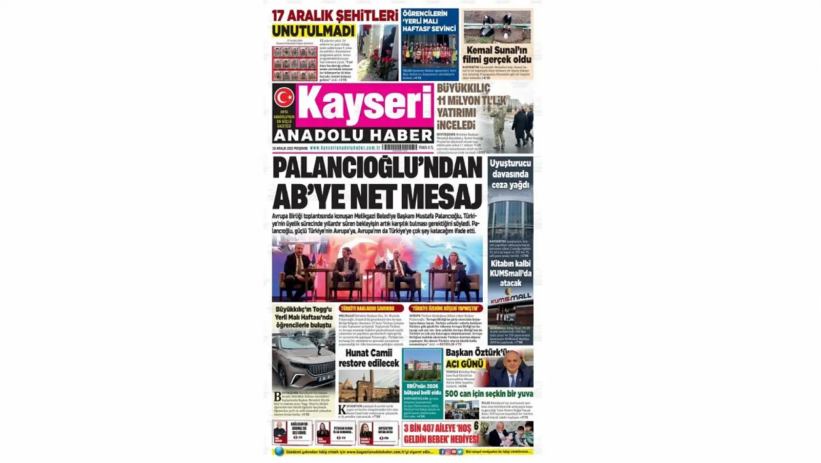 Kayseri gazetelerinde 18 Aralık Perşembe günü hangi başlıklar gündem oldu?