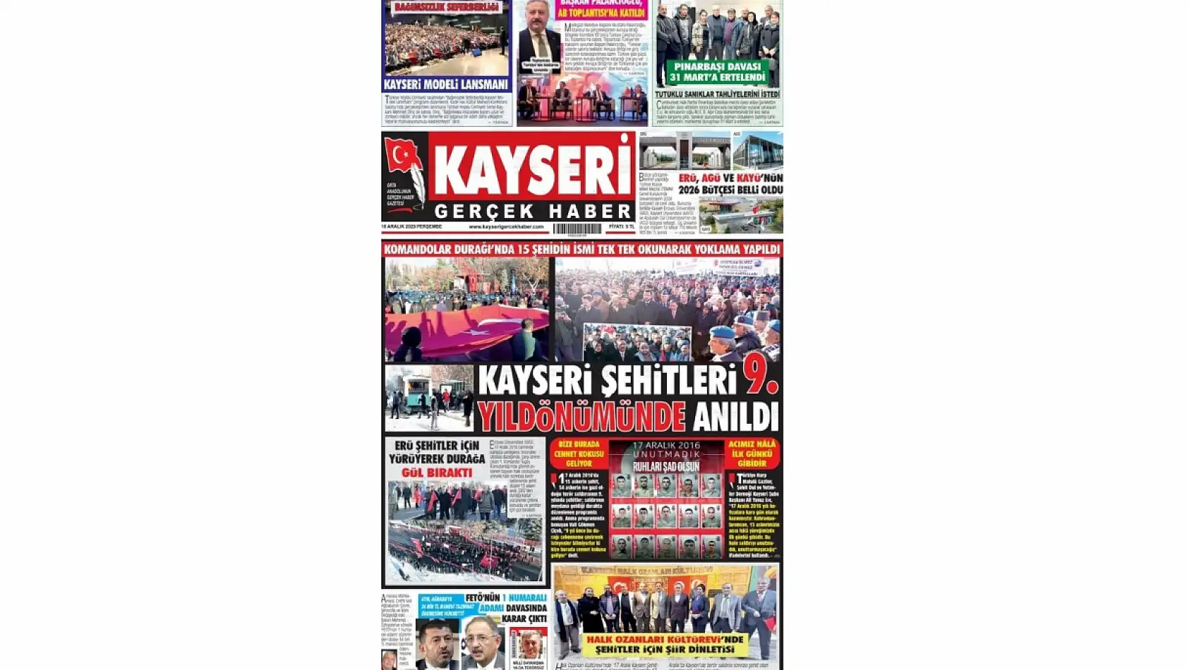 Kayseri gazetelerinde 18 Aralık Perşembe günü hangi başlıklar gündem oldu?