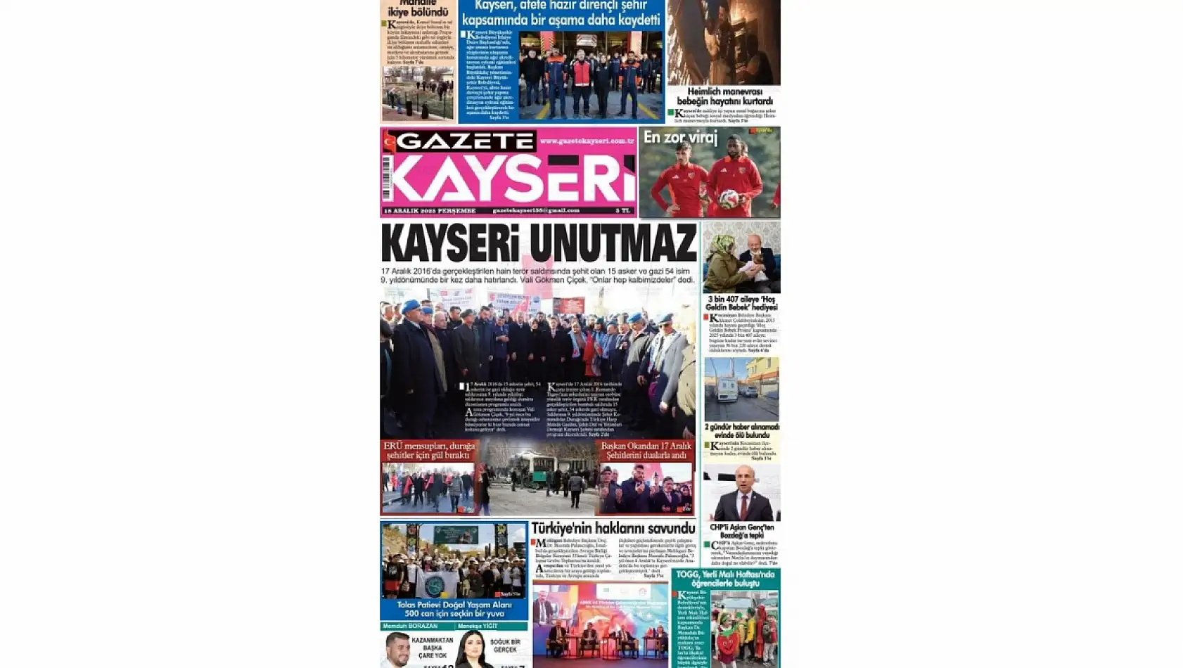 Kayseri gazetelerinde 18 Aralık Perşembe günü hangi başlıklar gündem oldu?