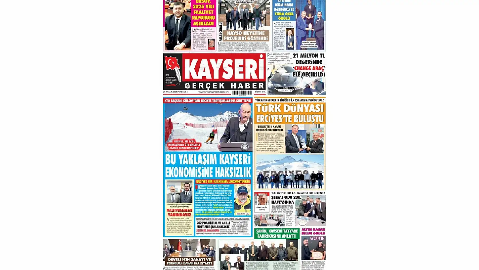 Kayseri gazetelerinde 25 Aralık'ta manşet tek: Murat Cahid Cıngı!