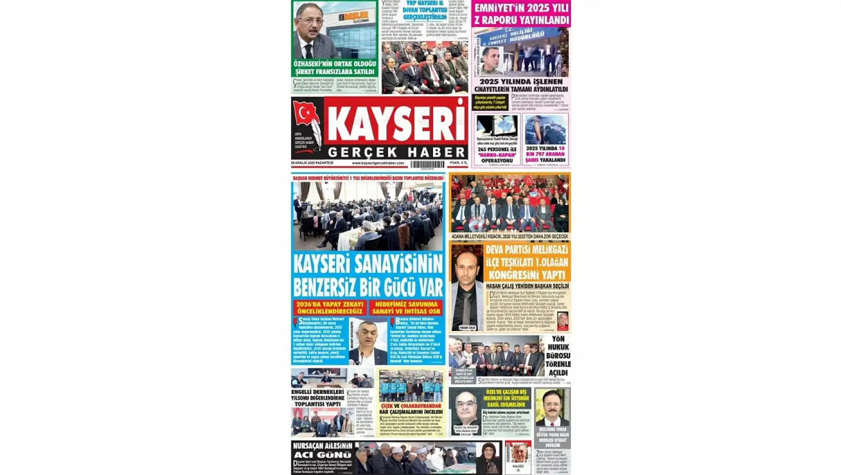 Kayseri gazetelerinde 29 Aralık Pazartesi günü hangi başlıklar gündem oldu?