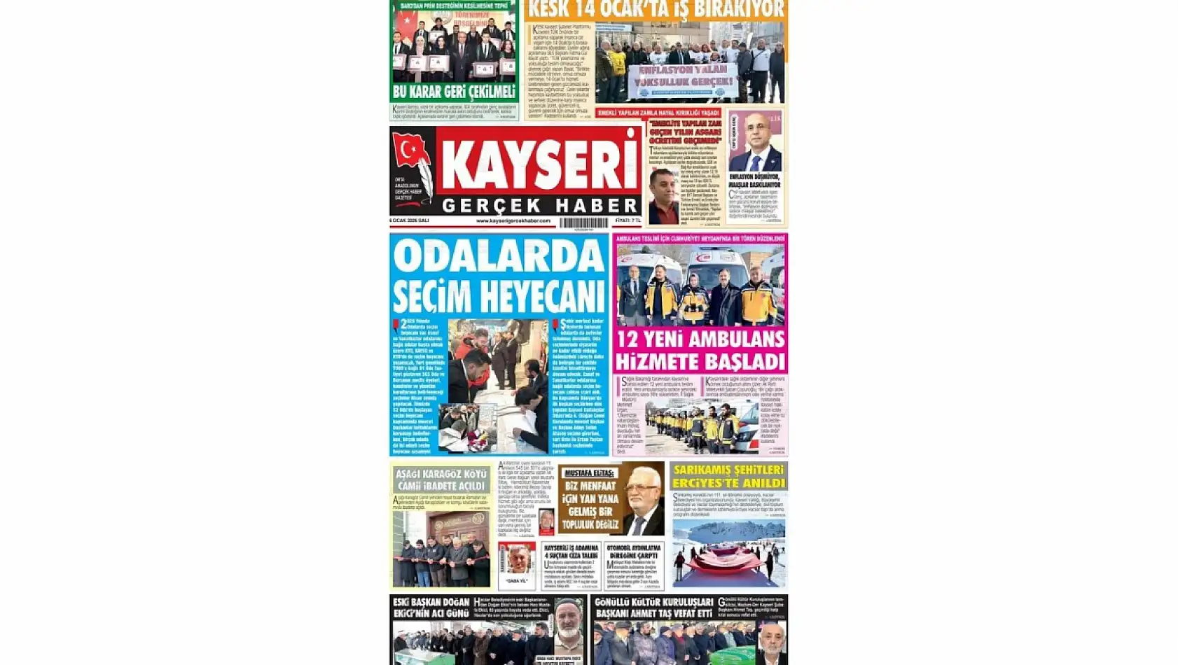 Kayseri gazetelerinde 6 Ocak Salı günü hangi başlıklar gündem oldu?