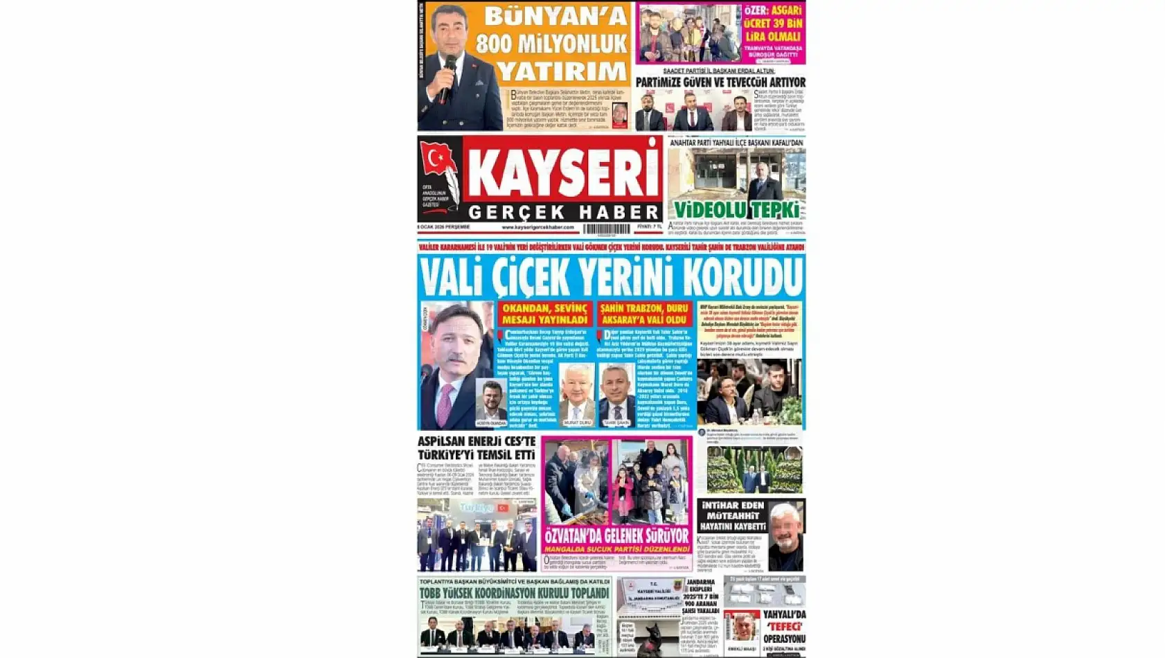 Kayseri Gazetelerinde 8 Ocak Perşembe günü manşet tek: Vali Gökmen Çiçek...