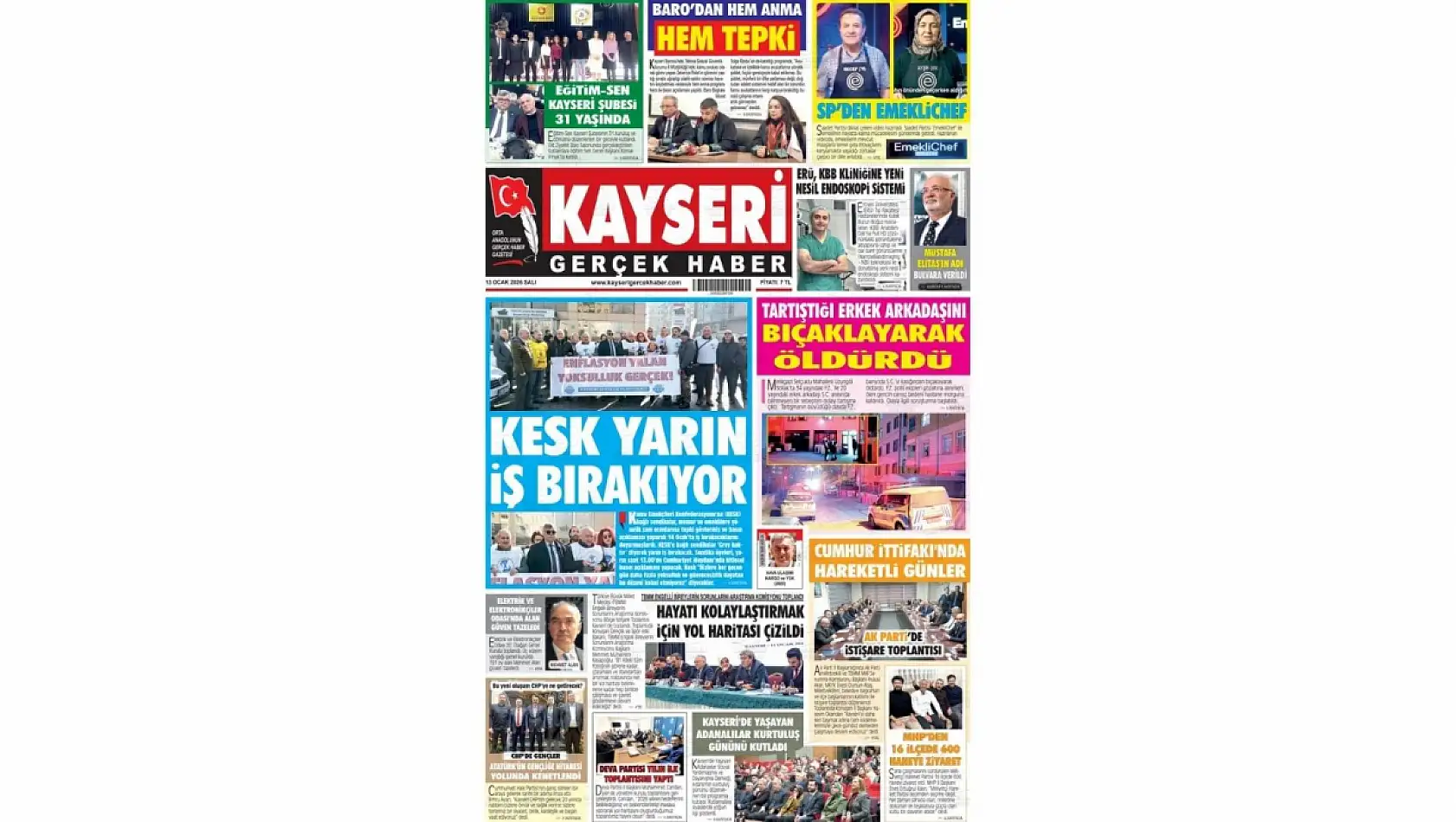Kayseri gazeteleri 13 Ocak manşeti: Baki Ersoy, KESK, Cinayet...
