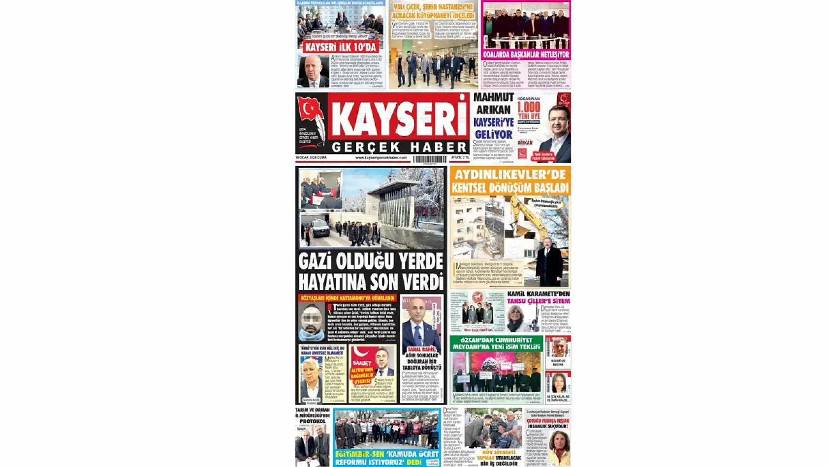 Kayseri gazetelerinde 16 Ocak Cuma günü hangi başlıklar gündem oldu?