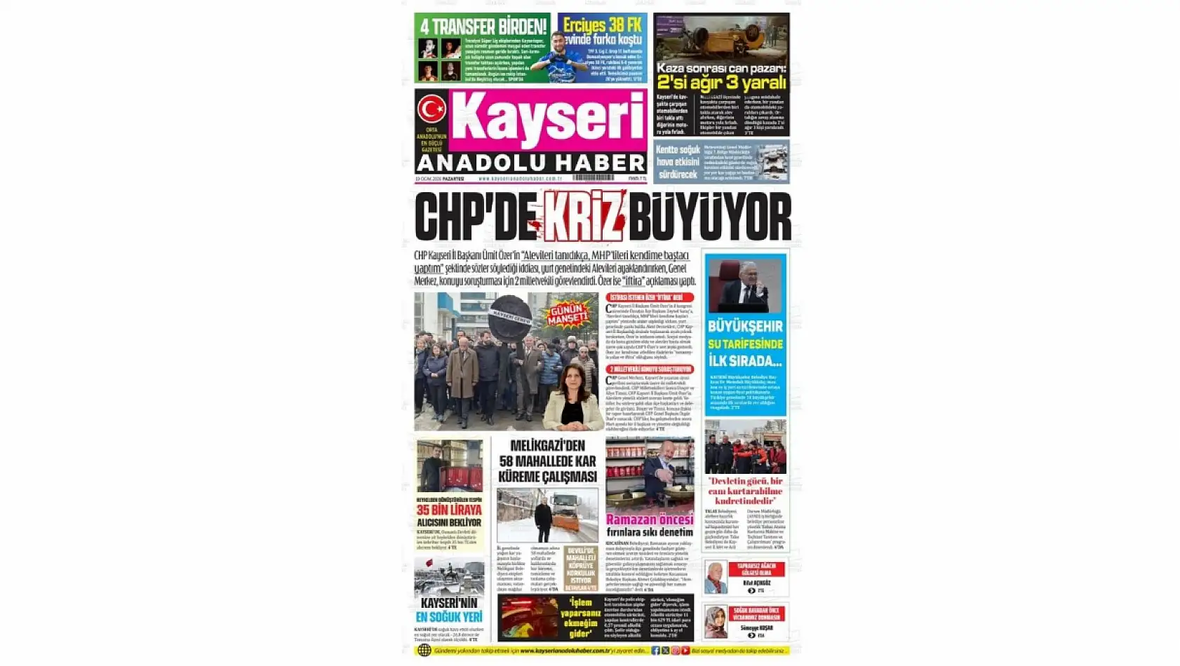 Kayseri gazetelerinde 19 Ocak Pazartesi günü hangi başlıklar gündem oldu?