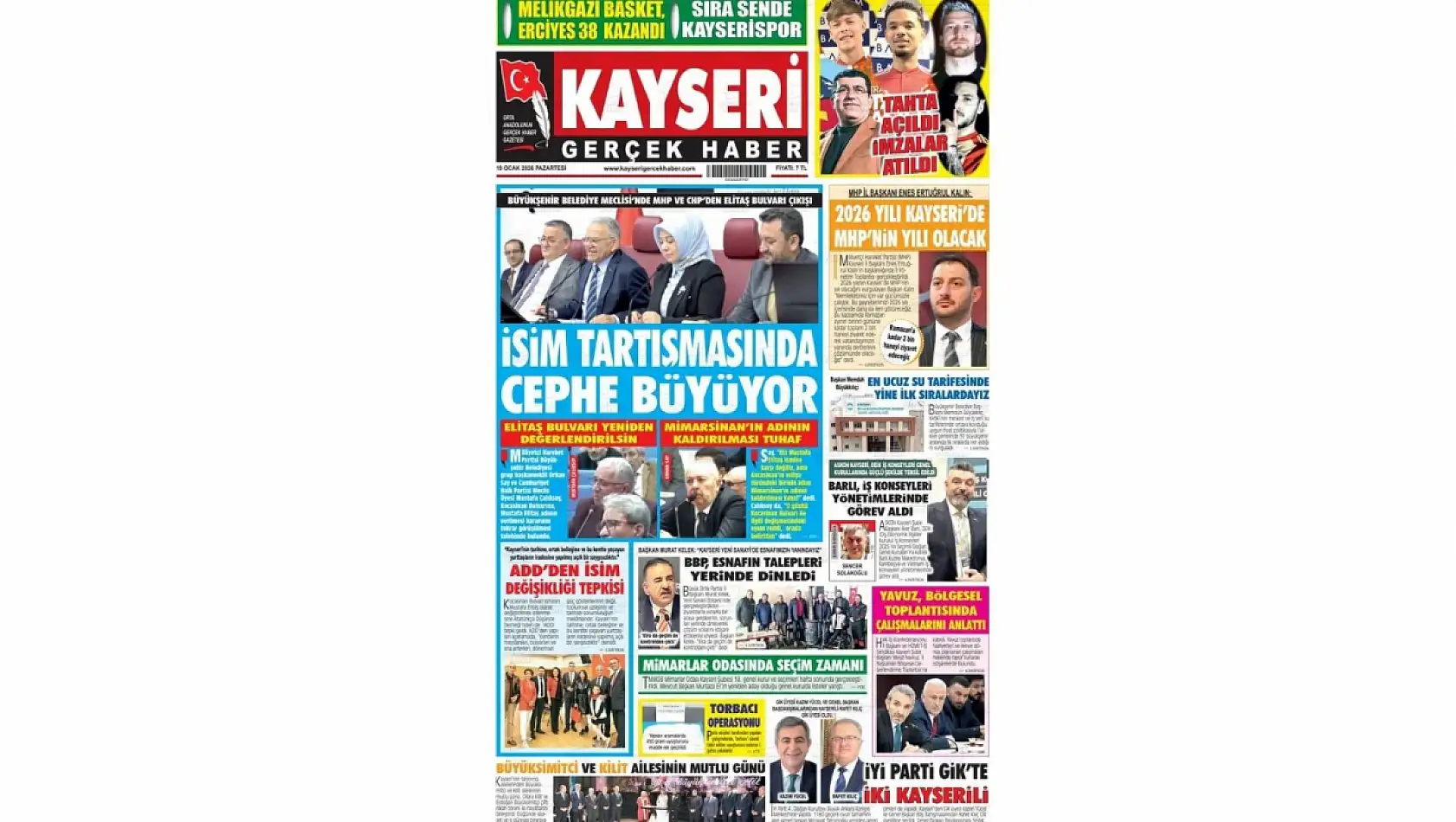 Kayseri gazetelerinde 19 Ocak Pazartesi günü hangi başlıklar gündem oldu?