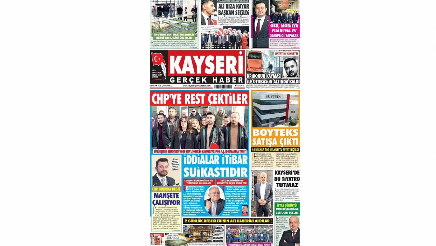 Kayseri Gazetelerinde 28 Ocak Çarşamba günü manşet tek: İtibar suikastı...