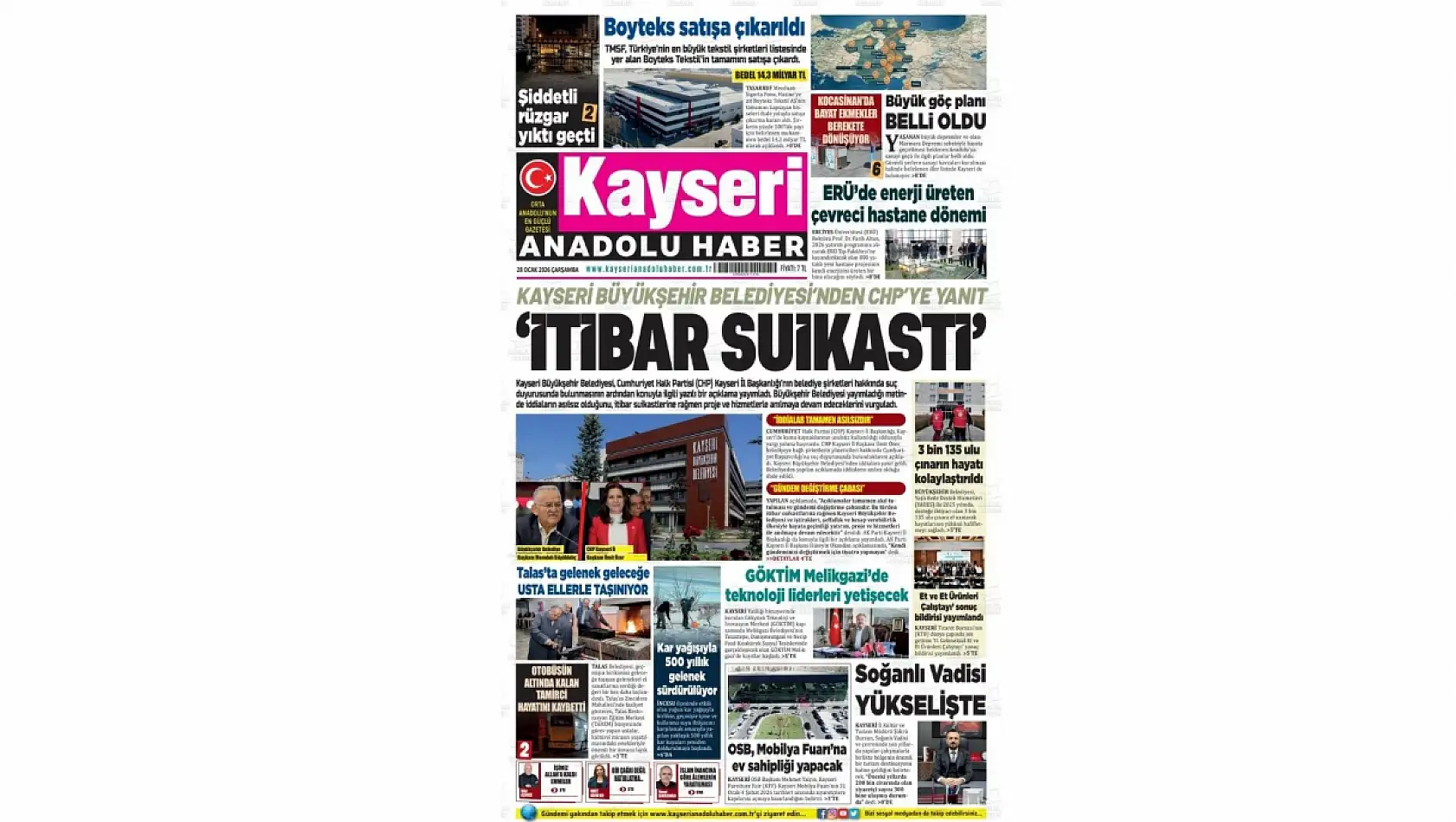 Kayseri Gazetelerinde 28 Ocak Çarşamba günü manşet tek: İtibar suikastı...