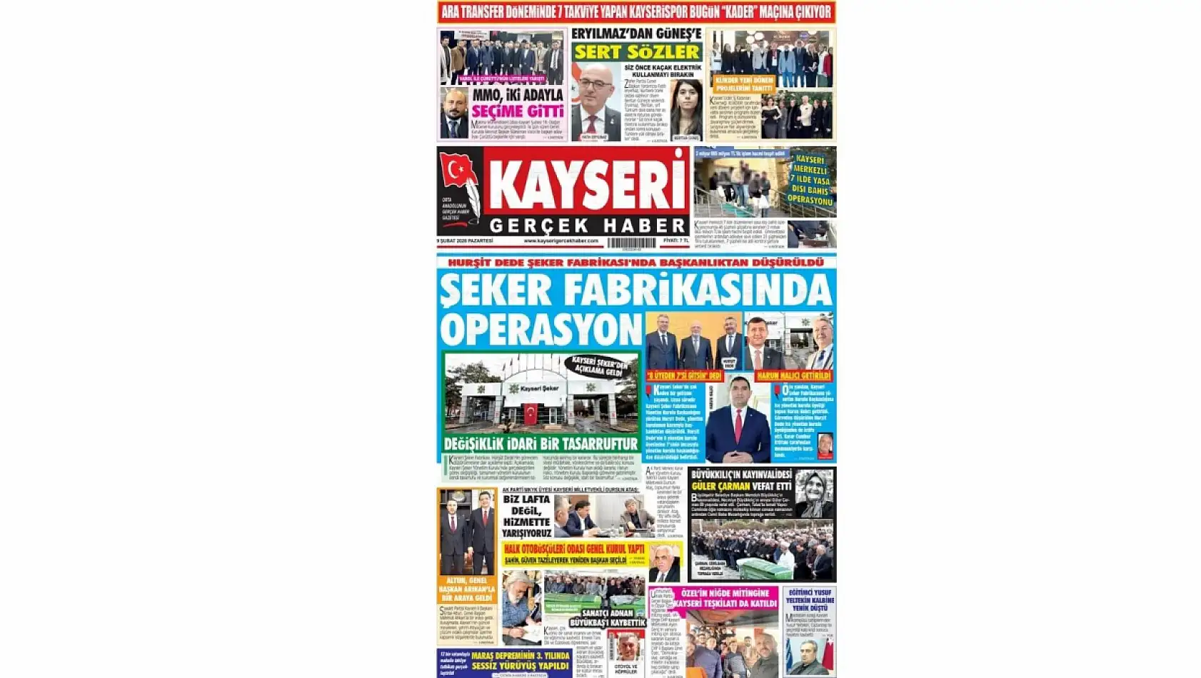 Kayseri Gazetelerinde 9 Şubat Pazartesi gündemi – Kayseri Şeker ve Kriminal Laboratuvar...