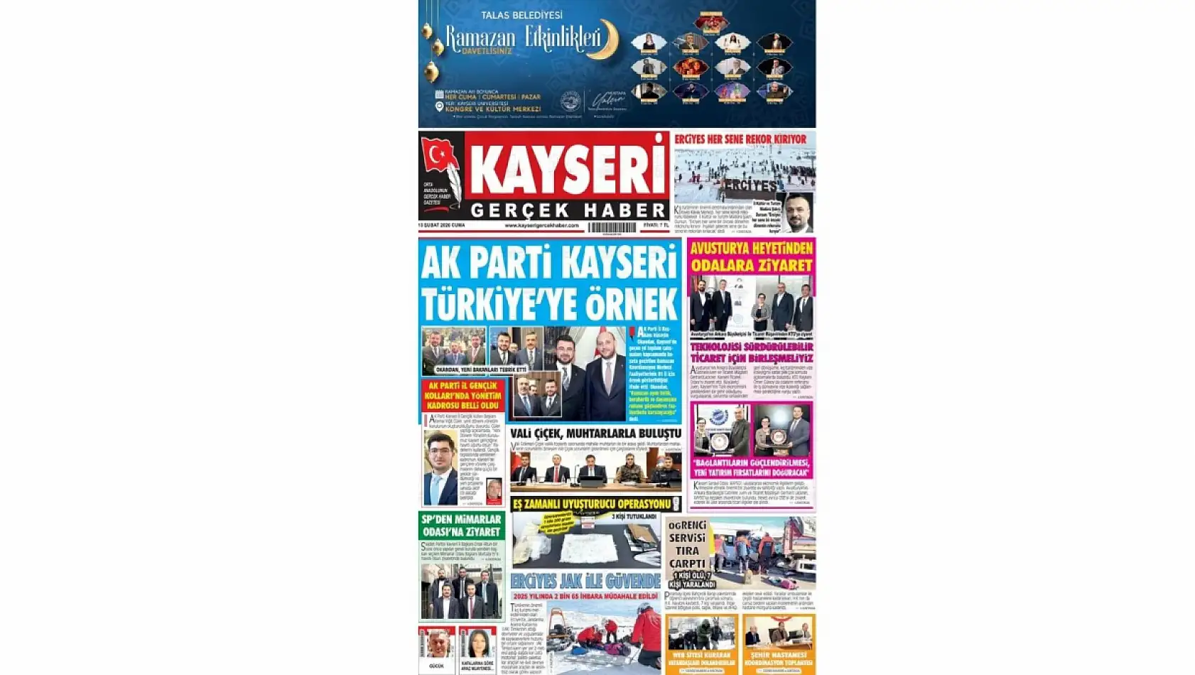 Kayseri gazeteleri 13 Şubat manşeti: Şaban Çopuroğlu, Hüseyin Okandan ve Kocasinan Belediyesi...