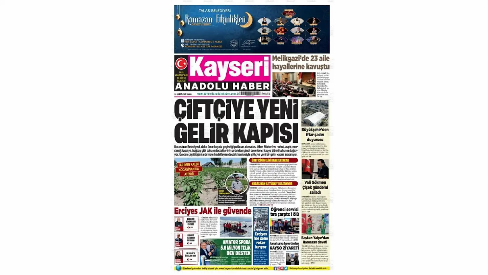 Kayseri gazeteleri 13 Şubat manşeti: Şaban Çopuroğlu, Hüseyin Okandan ve Kocasinan Belediyesi...