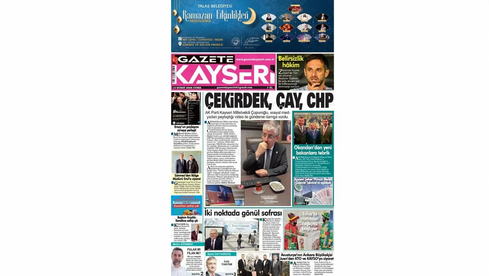 Kayseri gazeteleri 13 Şubat manşeti: Şaban Çopuroğlu, Hüseyin Okandan ve Kocasinan Belediyesi...
