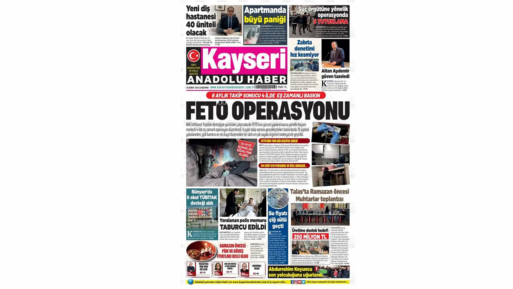 Kayseri Gazetelerinde 18 Şubat Çarşamba günü manşet tek: FETÖ operasyonu!