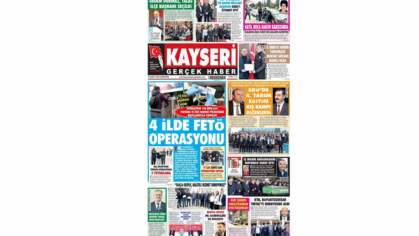 Kayseri Gazetelerinde 18 Şubat Çarşamba günü manşet tek: FETÖ operasyonu!