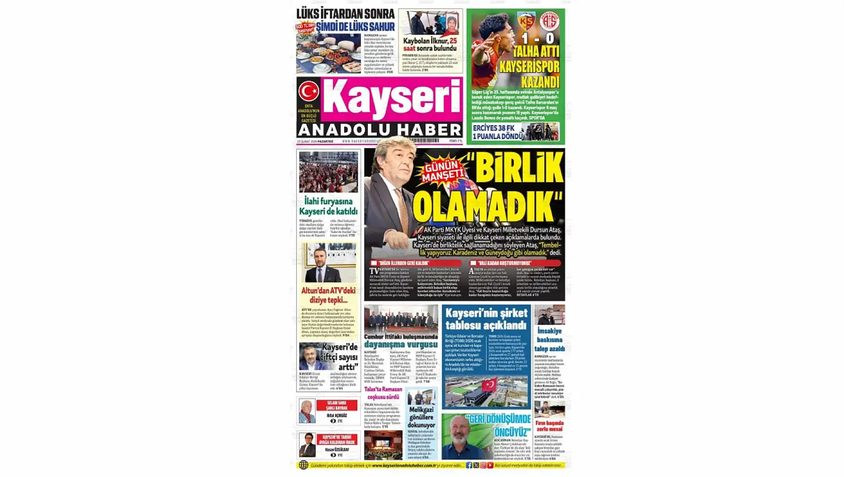 Kayseri gazetelerinde 23 Şubat gündemi: Dursun Ataş ve Cumhur İttifakı!