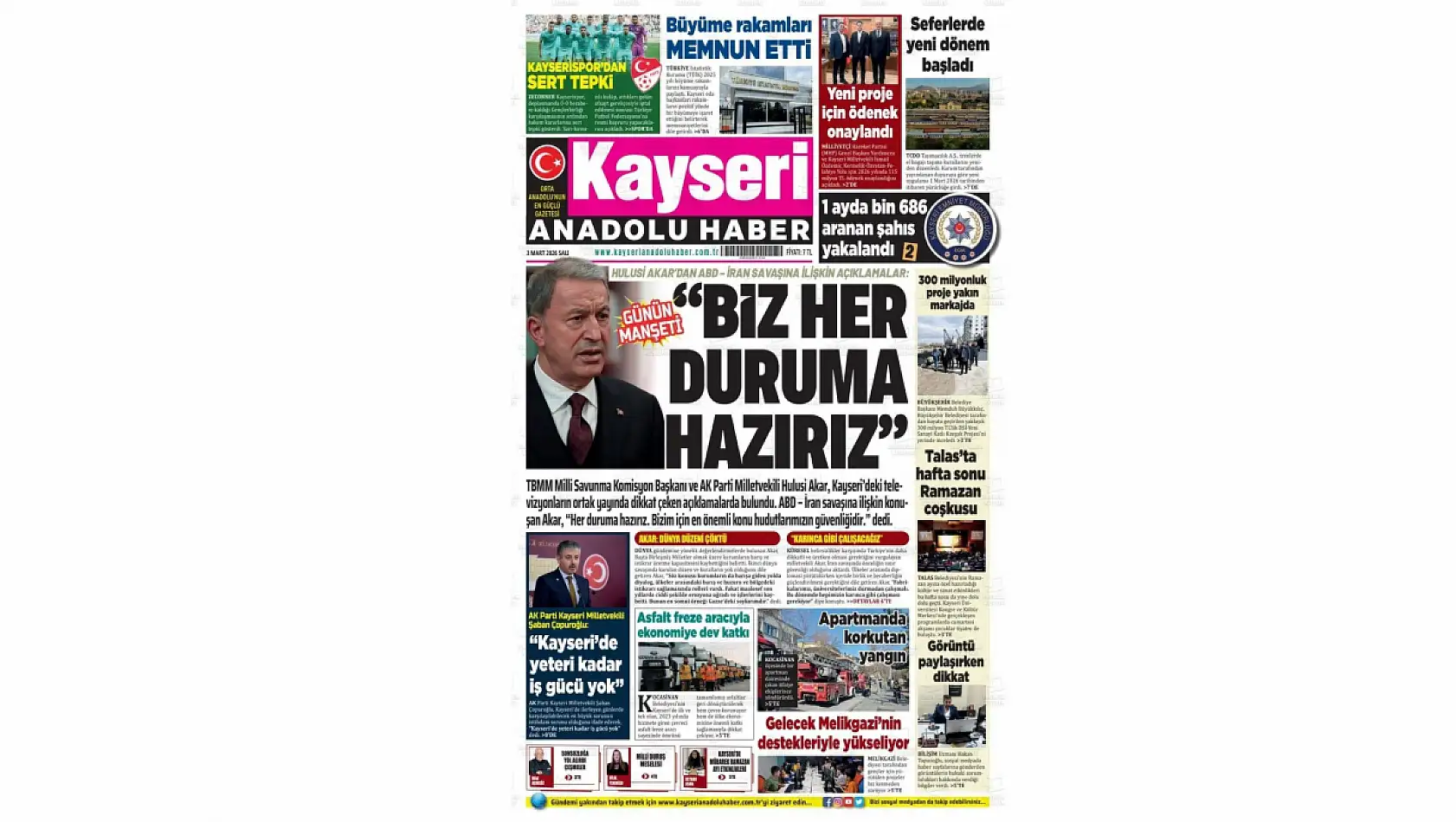 Kayseri gazetelerinde 3 Mart Salı günü hangi başlıklar gündem oldu?