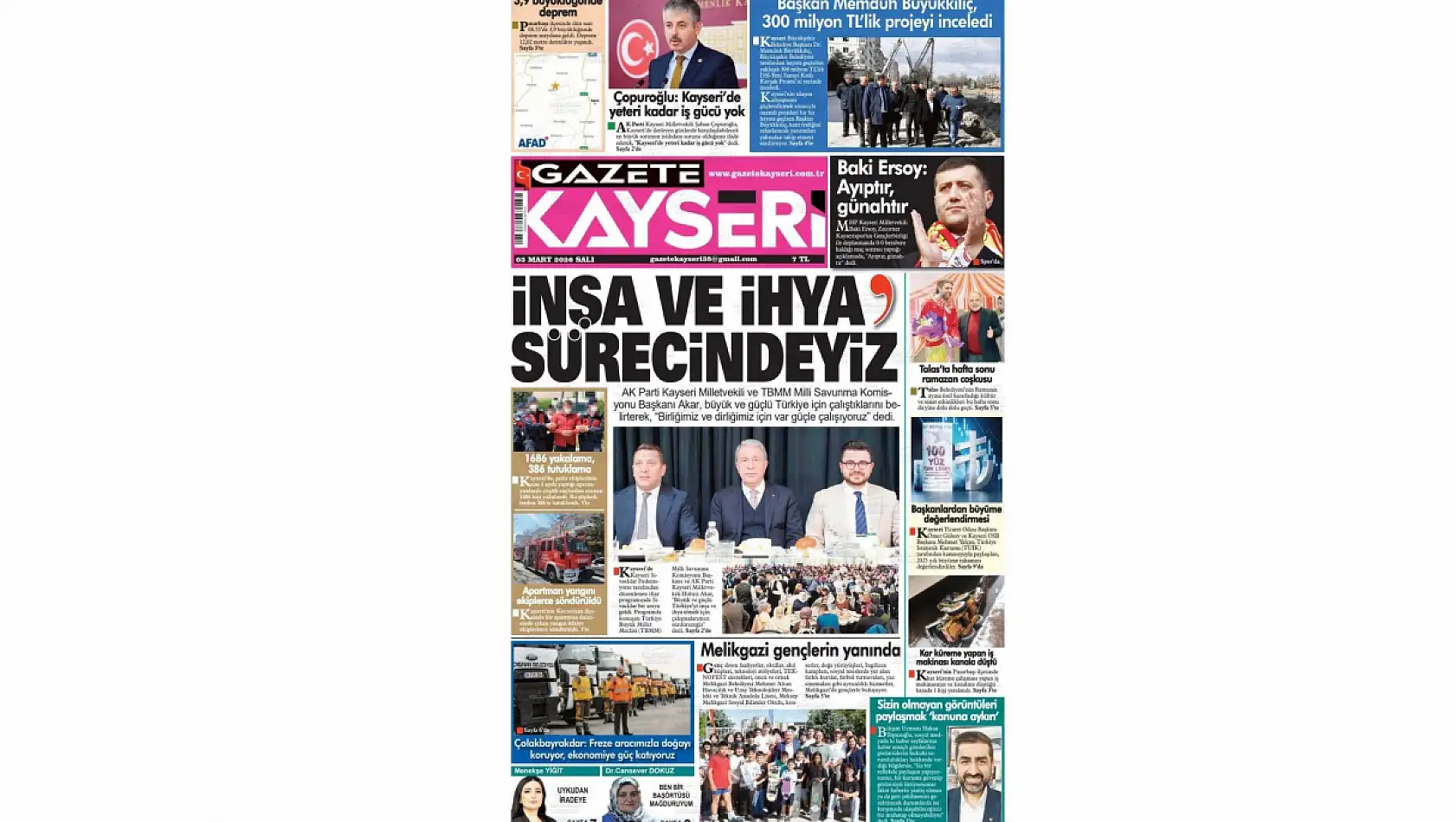 Kayseri gazetelerinde 3 Mart Salı günü hangi başlıklar gündem oldu?