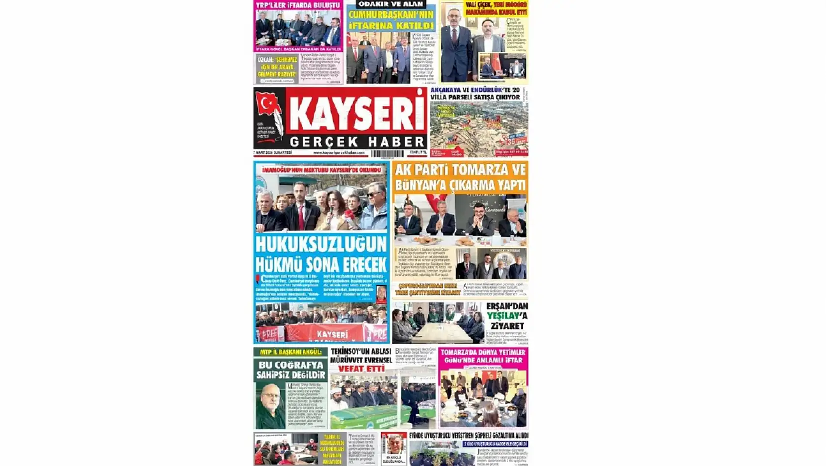 Kayseri gazetelerinde 7 Mart Cumartesi günü başlıkları