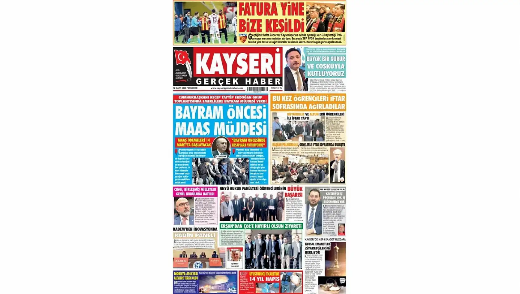 Kayseri gazeteleri 12 Mart manşeti: Gökmen Çiçek, Emekliler ve Kartal Kavşağı projesi...