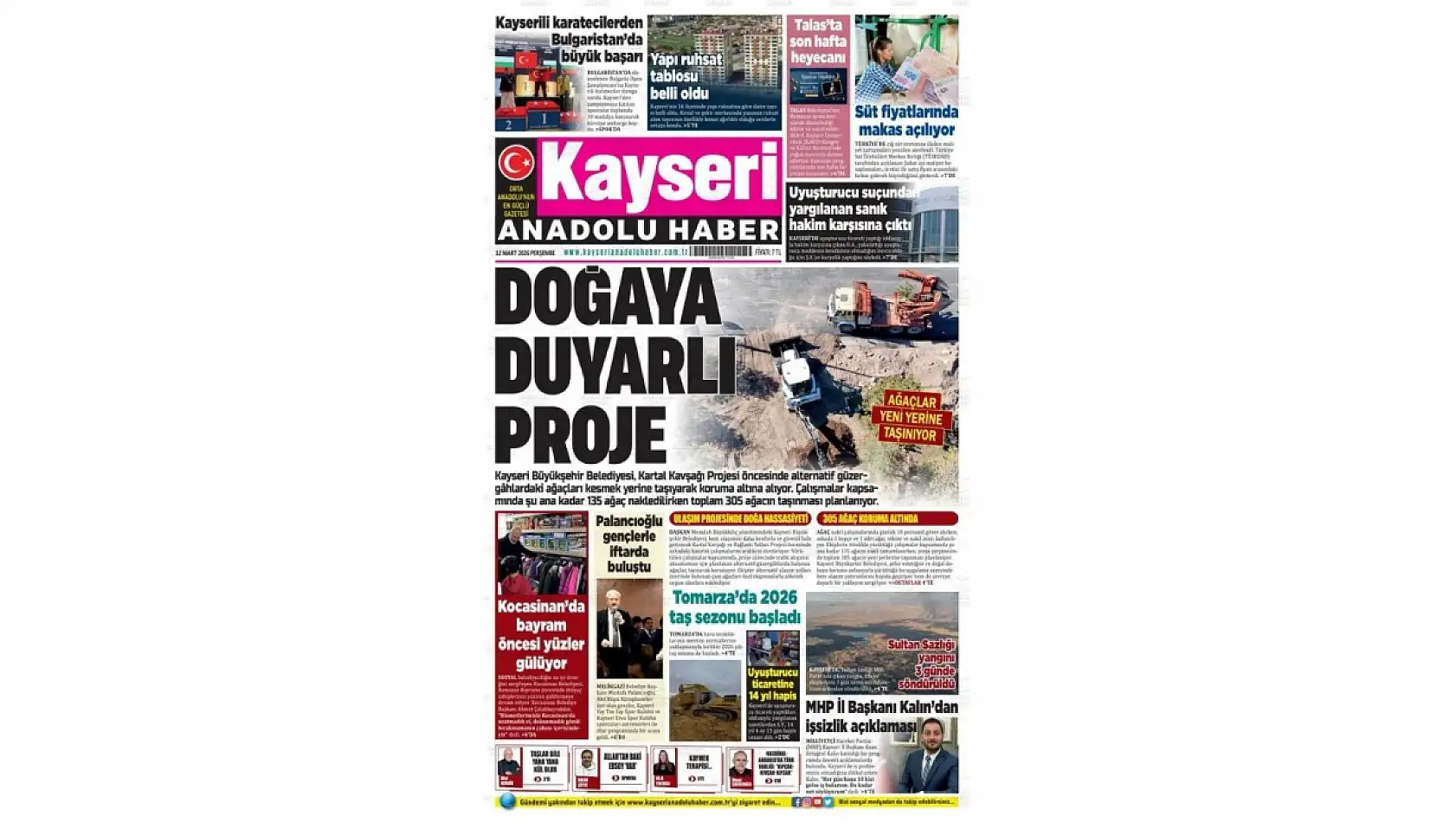 Kayseri gazeteleri 12 Mart manşeti: Gökmen Çiçek, Emekliler ve Kartal Kavşağı projesi...