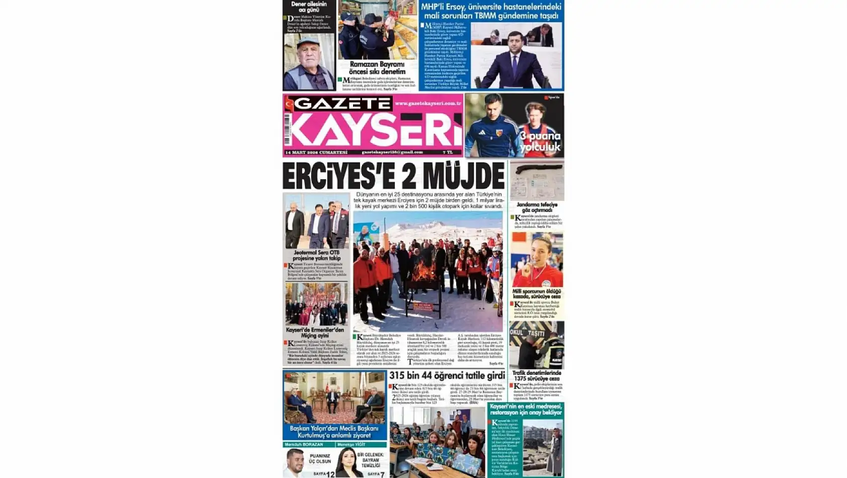 Kayseri yerel gazeteleri 14 Mart Cumartesi günü sabahına hangi manşetlerle çıktı?