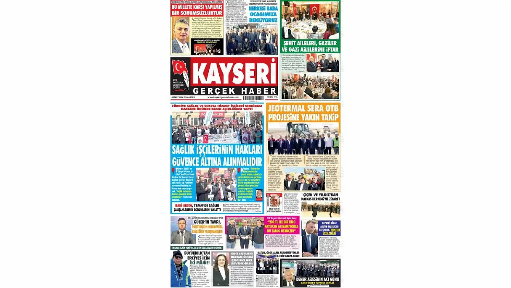 Kayseri yerel gazeteleri 14 Mart Cumartesi günü sabahına hangi manşetlerle çıktı?