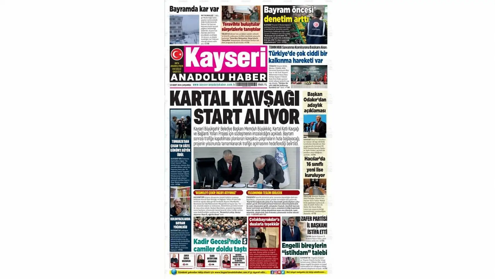 Kayseri Gazetelerinde 18 Mart Çarşamba günü gündem olan manşetler