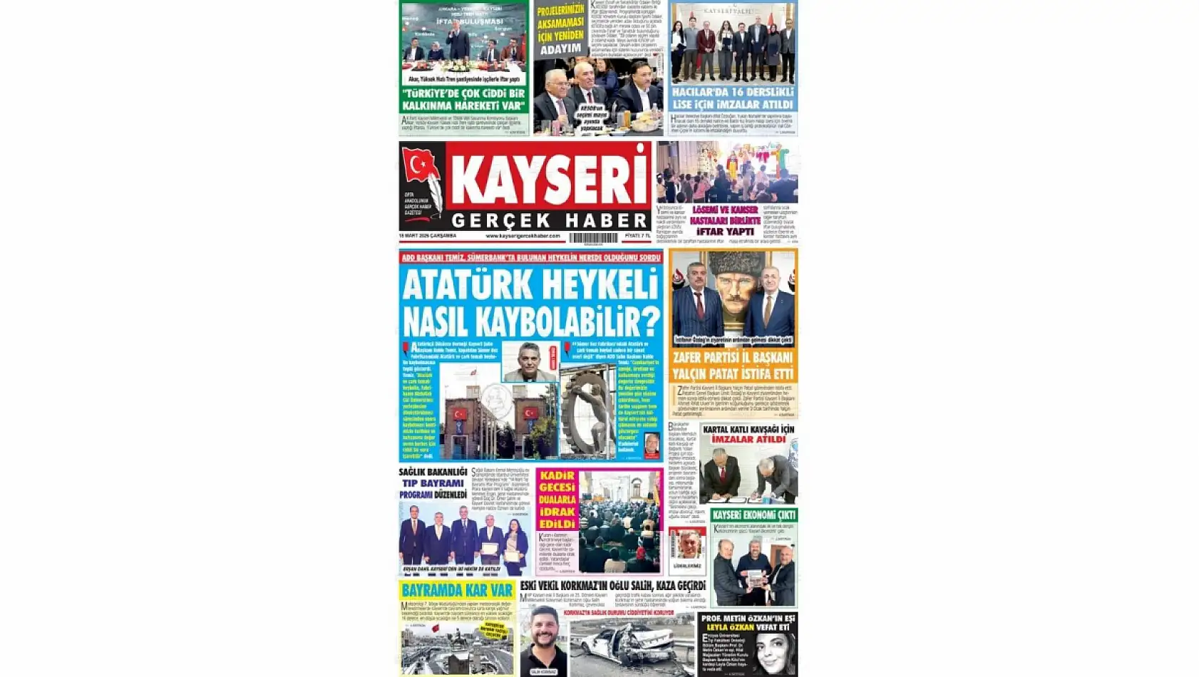Kayseri Gazetelerinde 18 Mart Çarşamba günü gündem olan manşetler