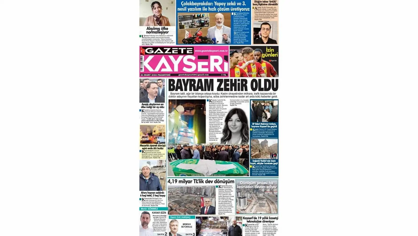 Kayseri Gazetelerinde 23 Mart Pazartesi başlıkları…