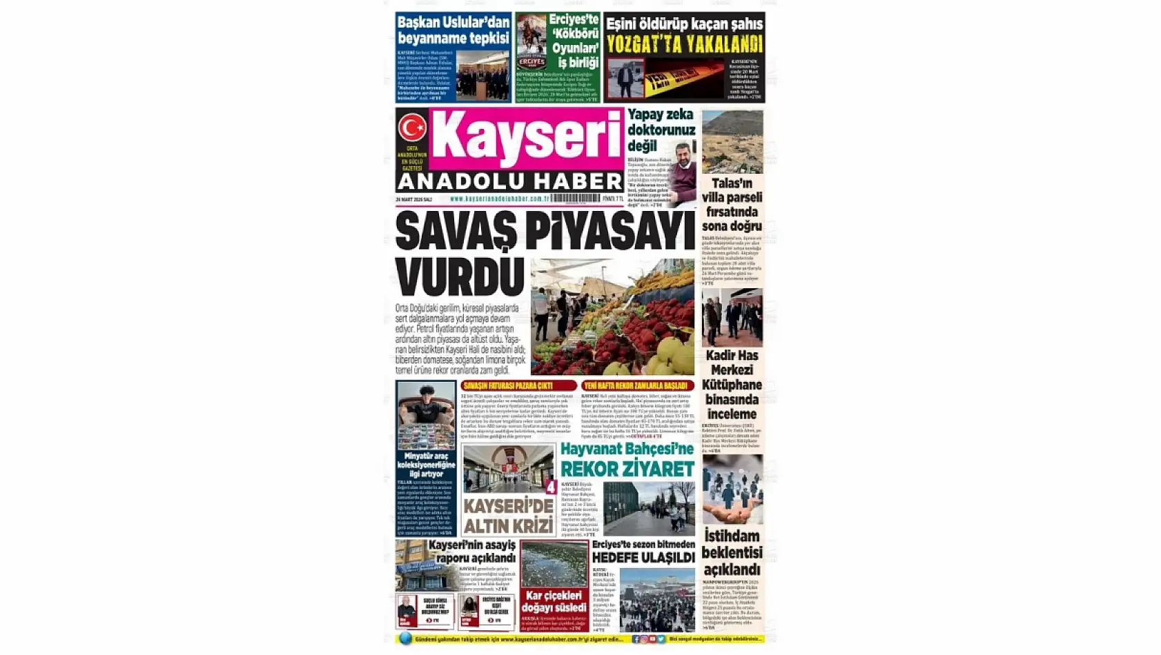 Kayseri yerel gazeteleri 24 Mart Salı sabahına hangi manşetlerle çıktı?