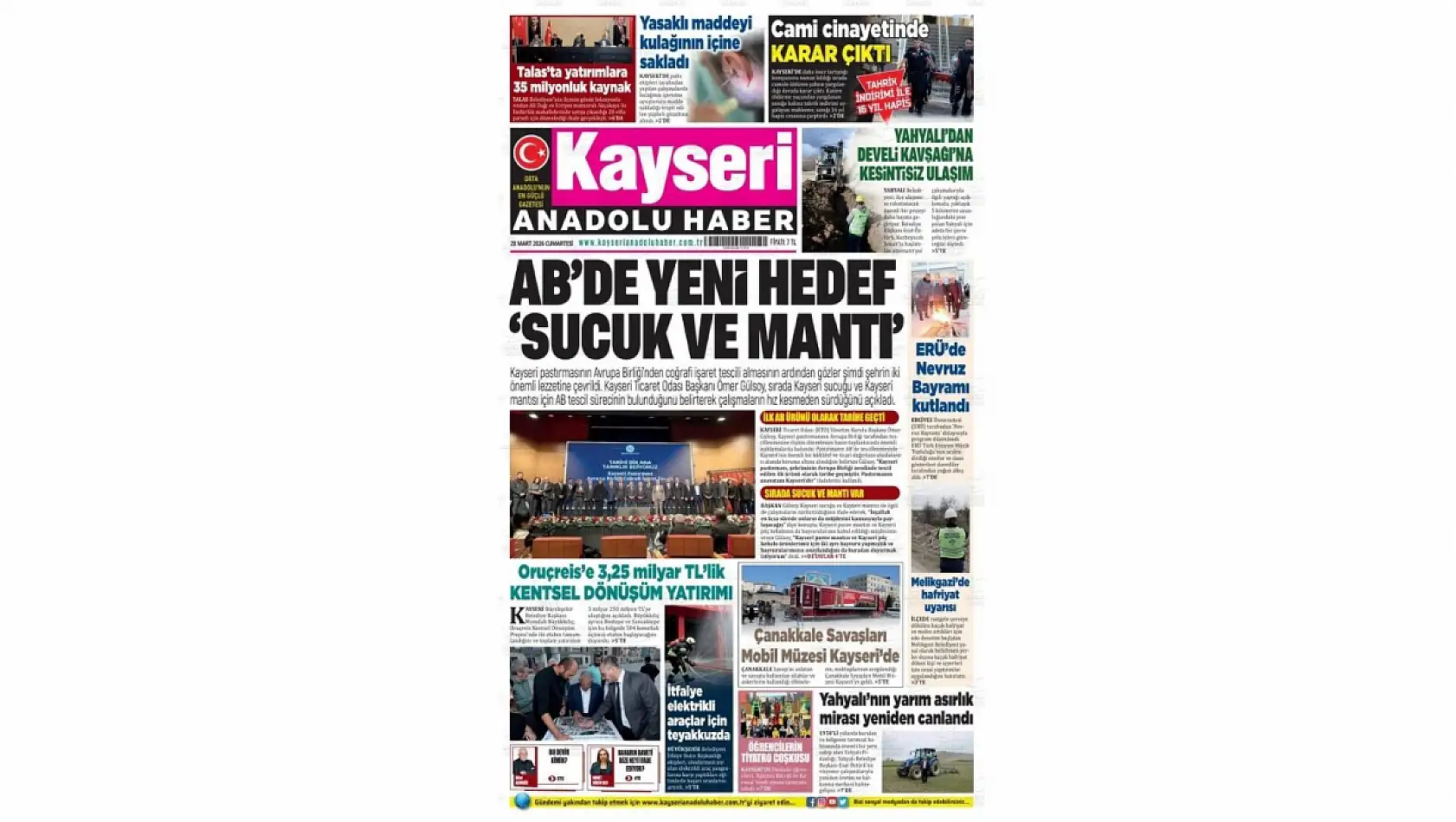 Kayseri Gazetelerinde 28 Mart Cumartesi manşet tek: Mantı, sucuk, pastırma!