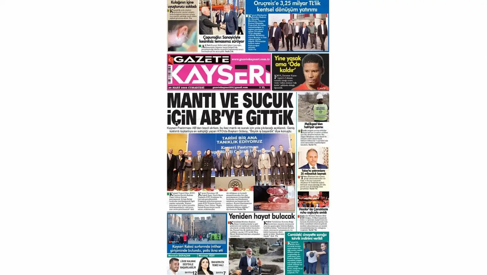 Kayseri Gazetelerinde 28 Mart Cumartesi manşet tek: Mantı, sucuk, pastırma!