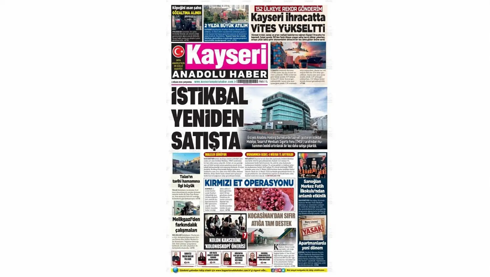 Kayseri Gazetelerinde 1 Nisan Çarşamba manşet tek: İstikbal Mobilya yeniden satışa çıkarıldı!