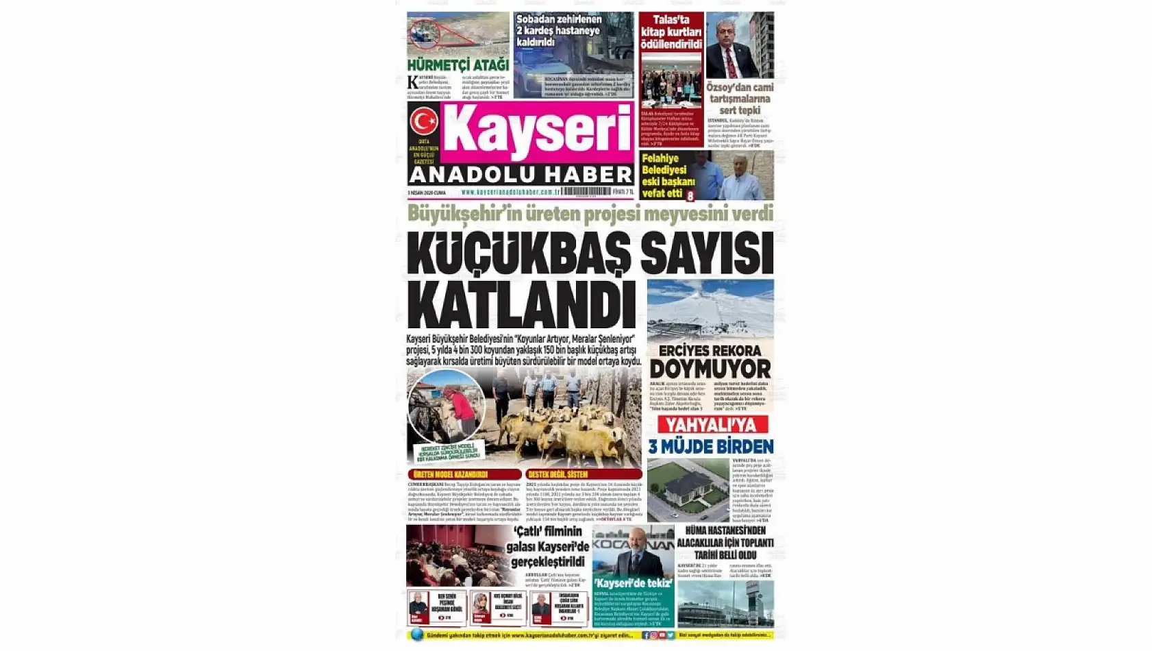 Kayseri gazeteleri 3 Nisan Cuma günü manşetleri: Kayseri Büyükşehir Belediyesi ve Tomarza...