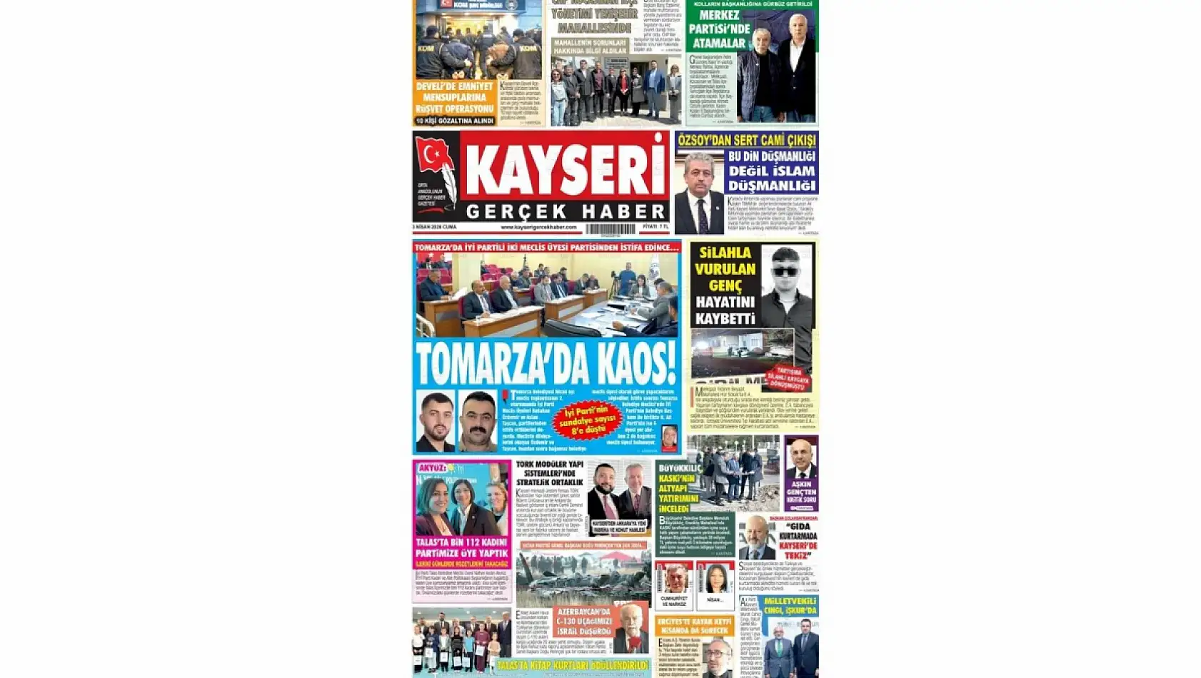 Kayseri gazeteleri 3 Nisan Cuma günü manşetleri: Kayseri Büyükşehir Belediyesi ve Tomarza...