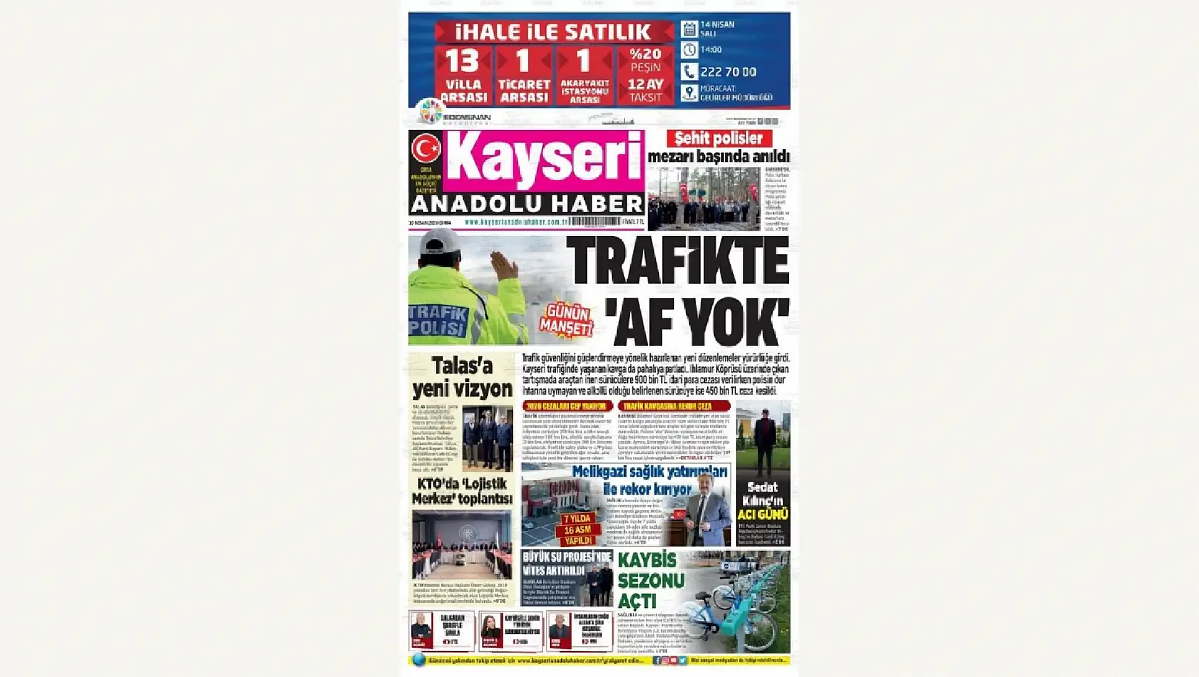 Kayseri Gazetelerinde 10 Nisan Cuma günü öne çıkan başlıklar…