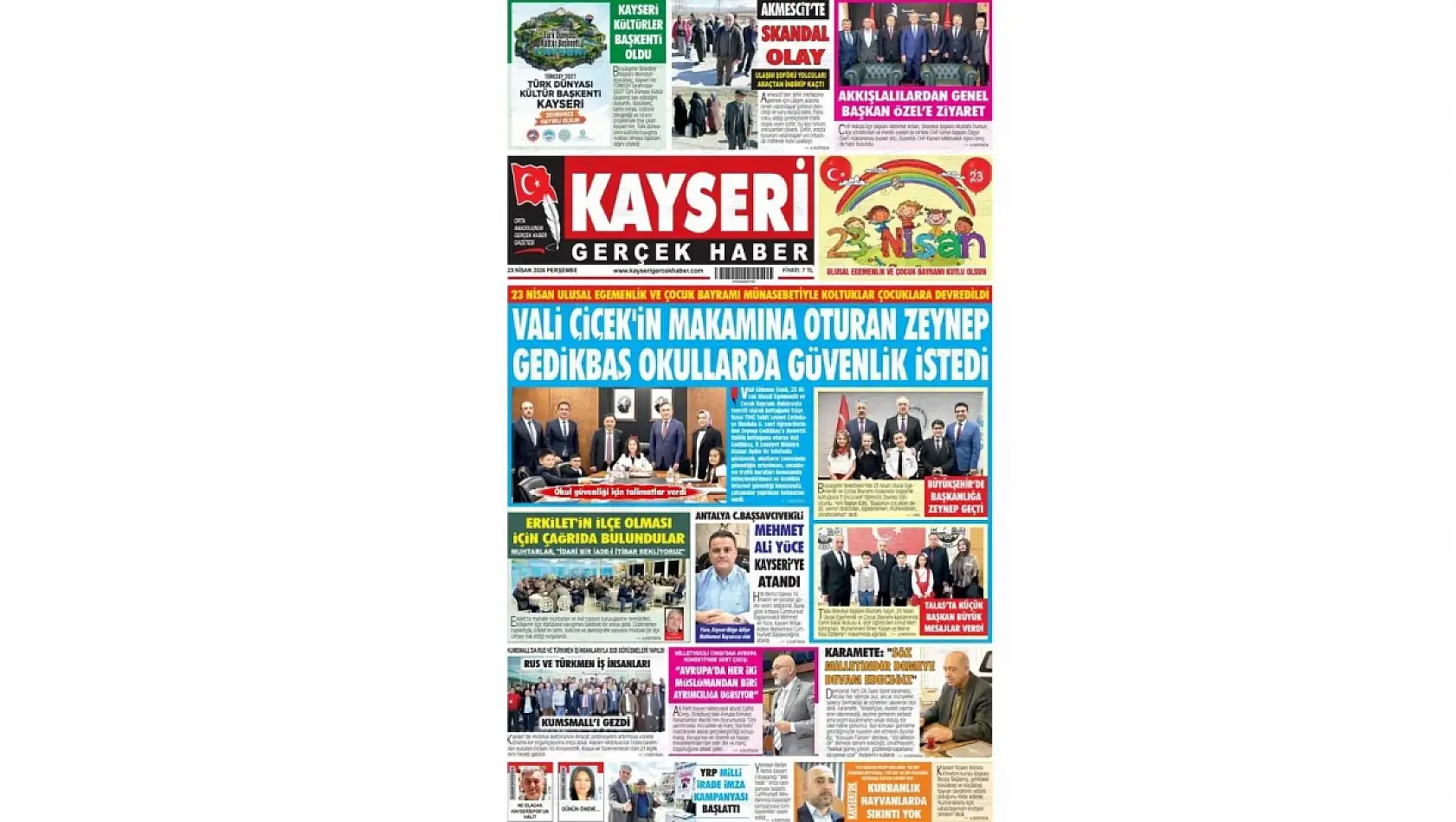 Kayseri Gazetelerinde 23 Nisan Perşembe günü manşet tek: Vali Zeynep Gedikbaş!