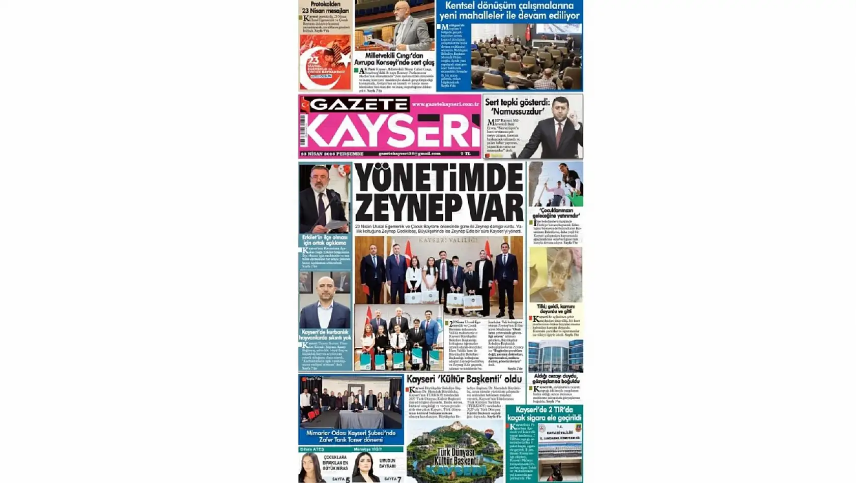 Kayseri Gazetelerinde 23 Nisan Perşembe günü manşet tek: Vali Zeynep Gedikbaş!