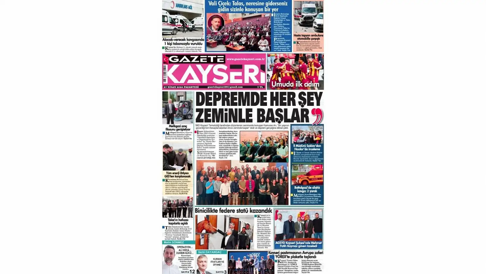 Kayseri yerel gazetelerinden 27 Nisan sabahından çarpıcı manşetler'