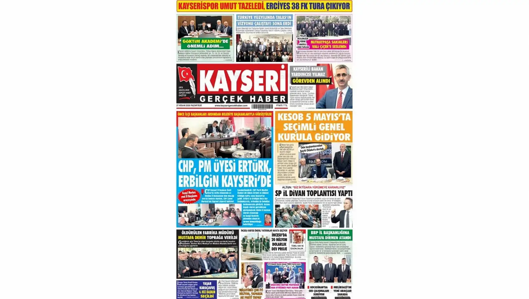 Kayseri yerel gazetelerinden 27 Nisan sabahından çarpıcı manşetler'