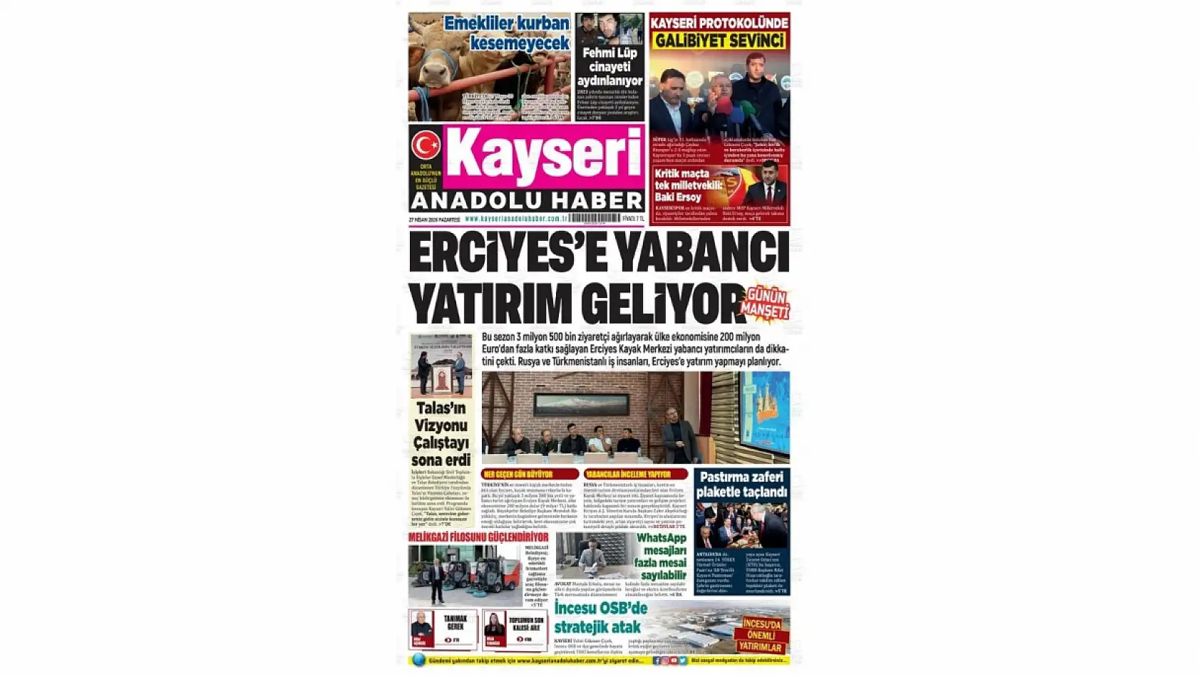 Kayseri yerel gazetelerinden 27 Nisan sabahından çarpıcı manşetler'