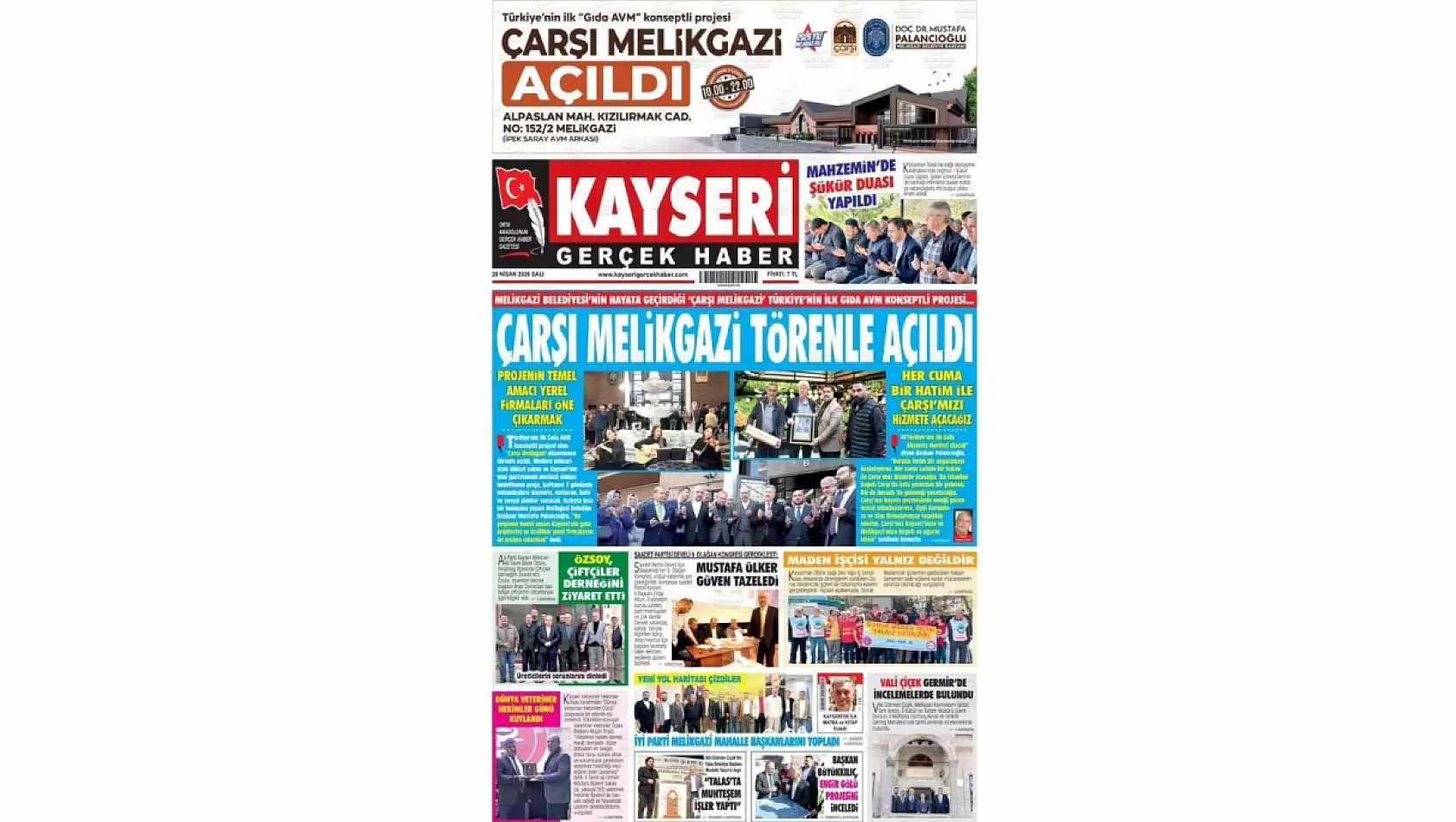 Kayseri Gazetelerinde 28 Nisan Salı günü manşet tek: Çarşı Melikgazi