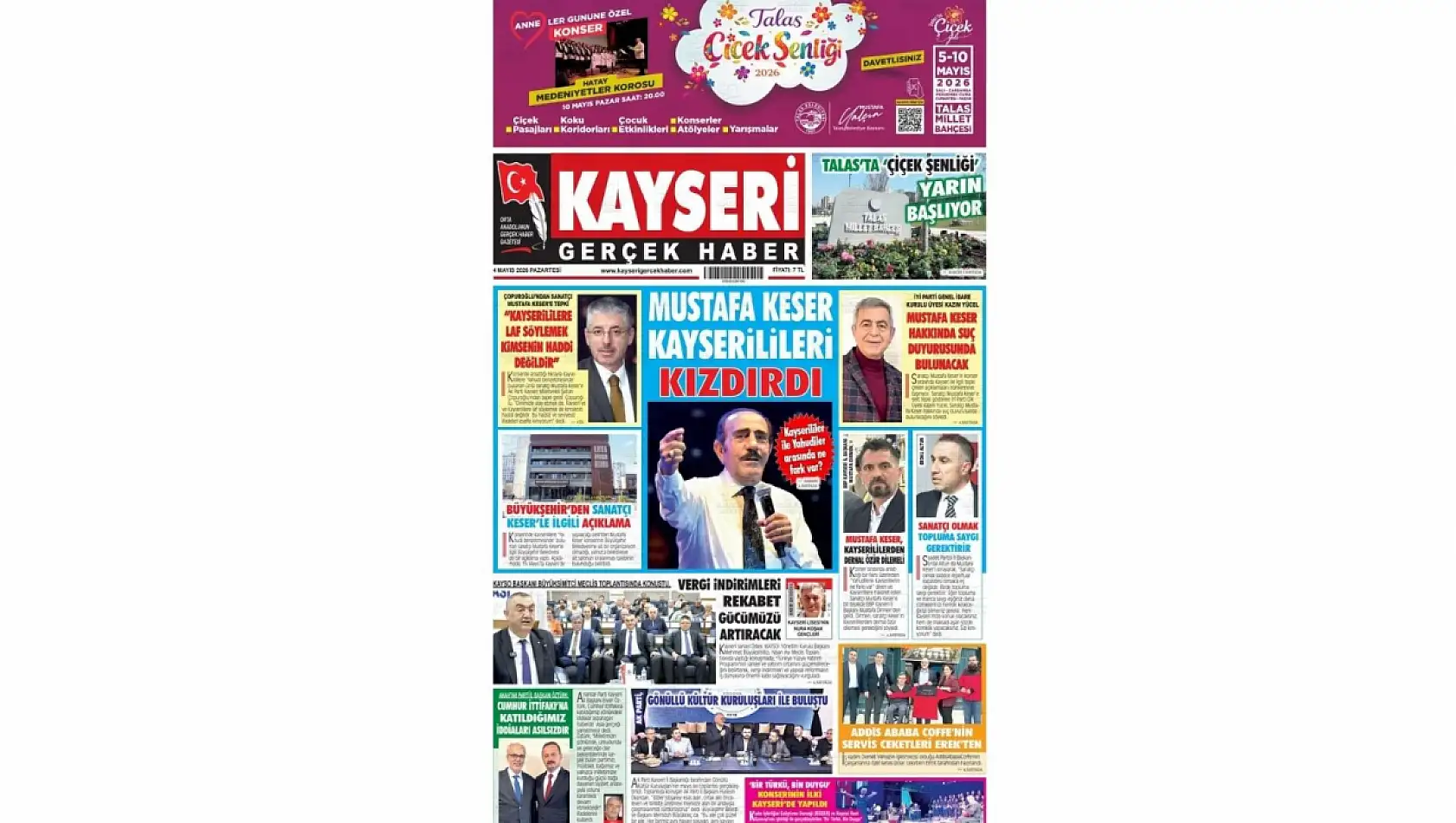 Kayseri gazeteleri 4 Mayıs Pazartesi günü manşetleri: Mustafa Keser ve Pakistanlı işçiler...