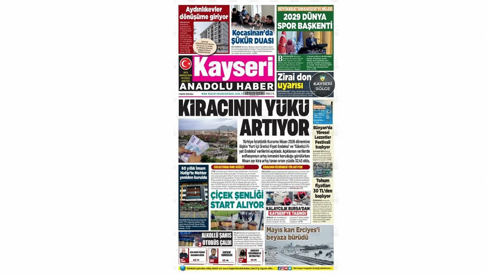Kayseri gazetelerinde 5 Mayıs Salı günü hangi başlıklar gündem oldu?